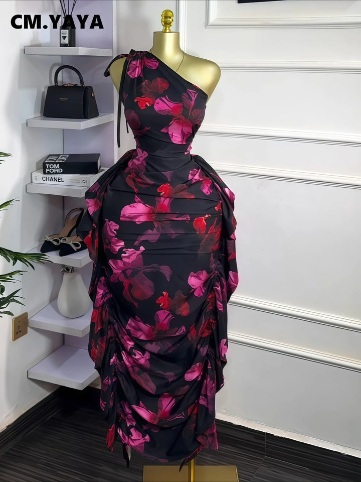 Floral One Shoulder Sleeveless Ruched Bodycon Dress