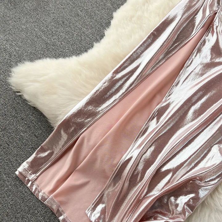 SINGREINY Spaghetti Strap Split Long Dress 2025 Ladies Fake Leather Lace Up Bodycon Sundress Y2K Hotsweet Shiny Slim Party Dress