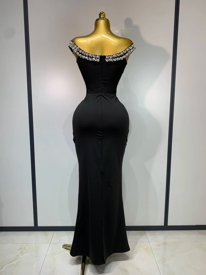 Women Off Shoulder Black Diamond Bodycon Dress