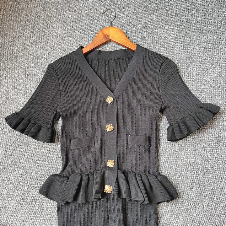 YuooMuoo Knit Maxi Dress V Neck Ruffles Slim Waist