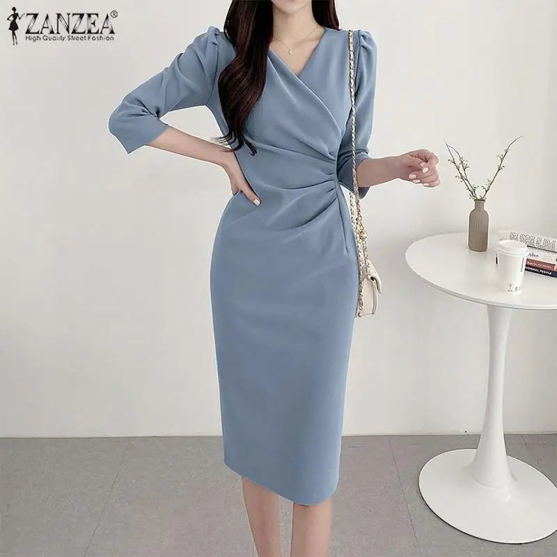 Elegant V Neck Bodycon Dress Fine Weave Workwear