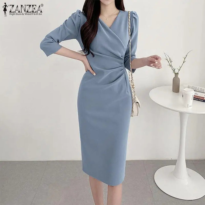Elegant V Neck Bodycon Dress Fine Weave Workwear