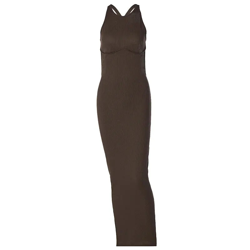 Hugcitar Ribbed Solid Hollow Out Backless Sleeveless Sexy Slit Mini Dress Bodycon 2025 Spring Women Outfits Elegant Party Y2K