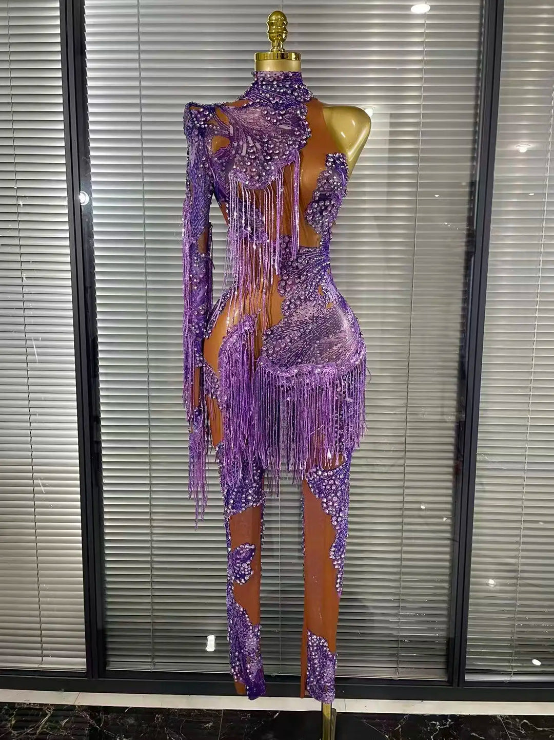 Shining Rhinestones Purple Sexy Tassels Mesh See Through Bodycon Jumpsuit Celebrate Nightclub Party Birthday Photoshoot Wear