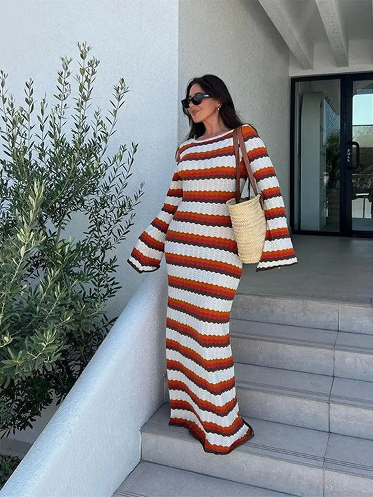 Bohemian Striped Ruffle Sleeve Bodycon Dress For Summer