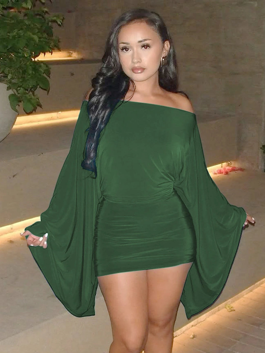 Hugcitar Sexy Ruched Long Cloak Sleeve Mini Dress