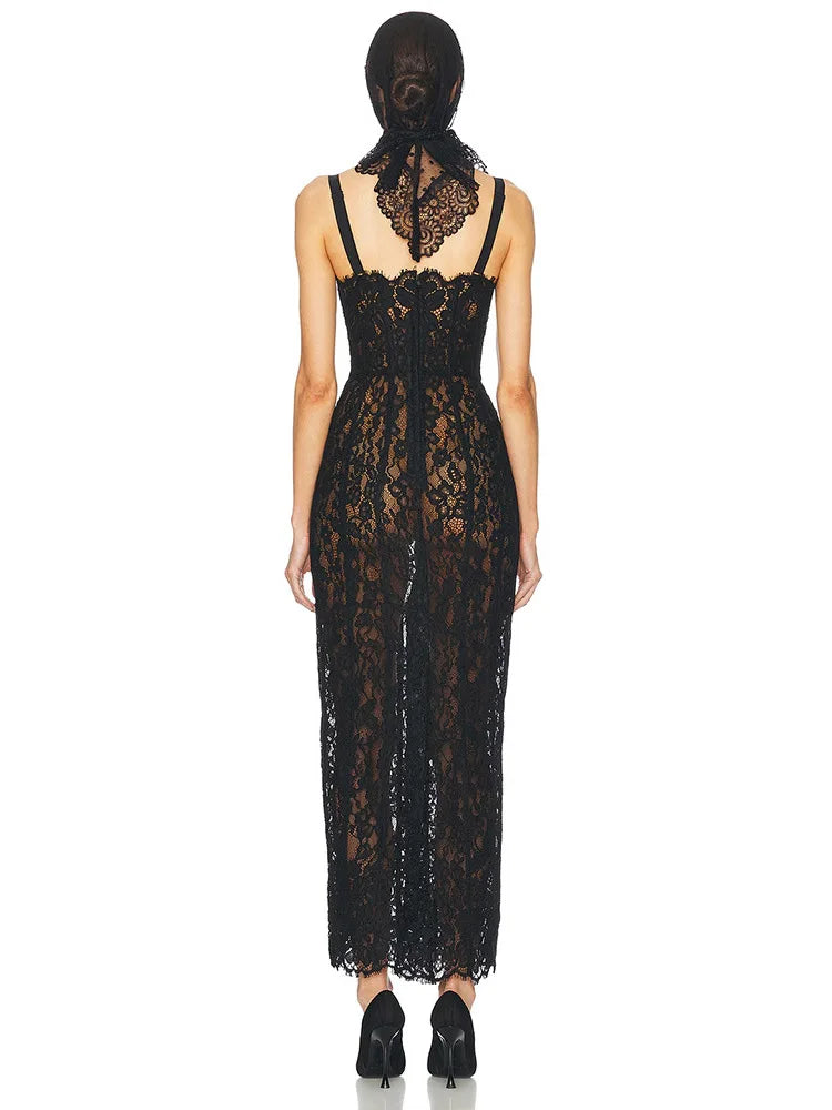 Black Floral Lace Evening Dress With V Neck Bodycon