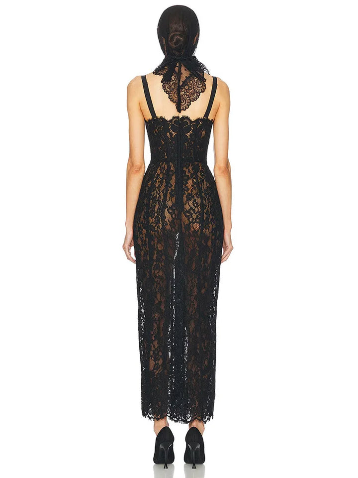 Black Floral Lace Evening Dress With V Neck Bodycon
