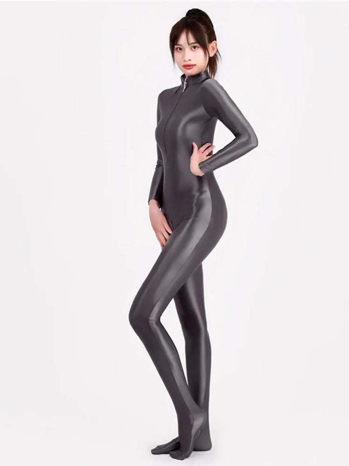Glossy Longsleeve Elastic Bodysuit Jumpsuit Women