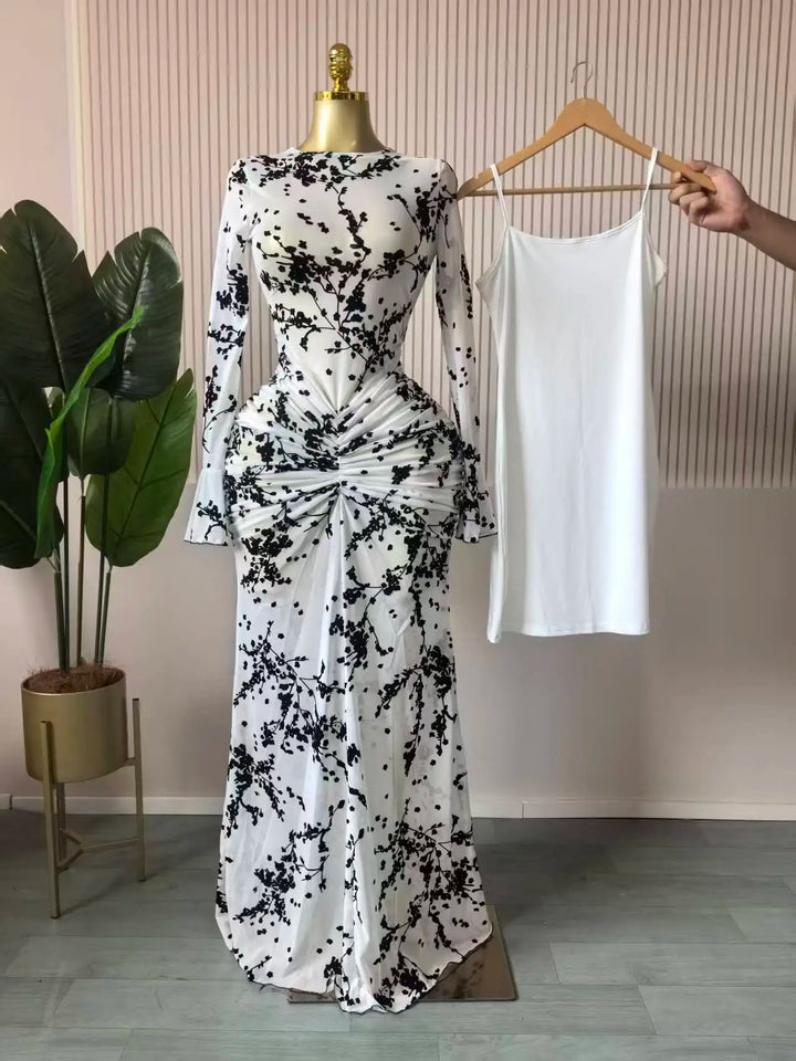 Elegant Sheer Mesh Evening Gown Long Sleeve Formal