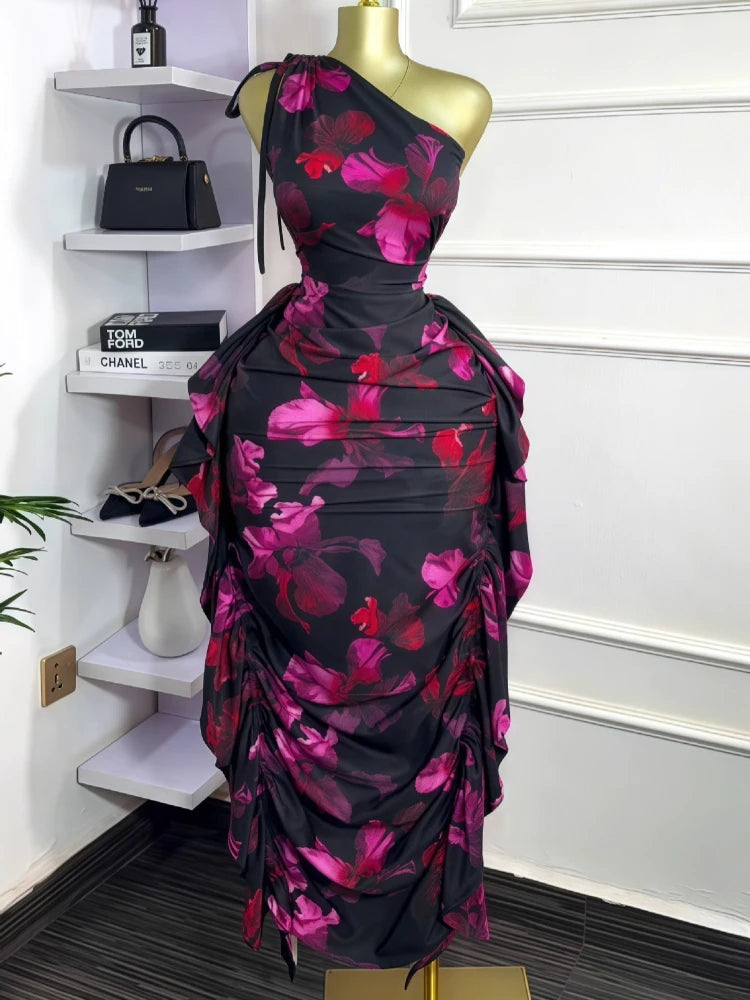 Floral One Shoulder Sleeveless Ruched Bodycon Dress