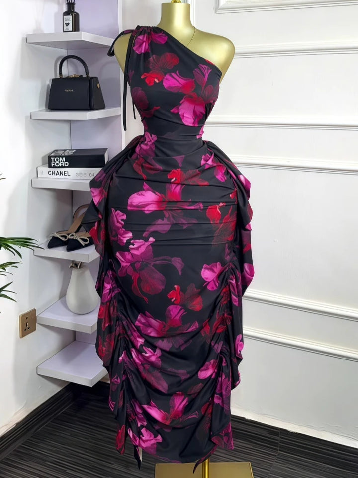 Floral One Shoulder Sleeveless Ruched Bodycon Dress