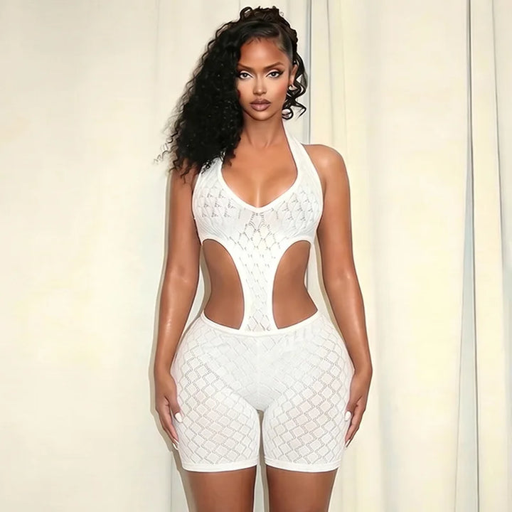 Fagadoer Lace Patchwork Bodycon Backless Jumpsuit
