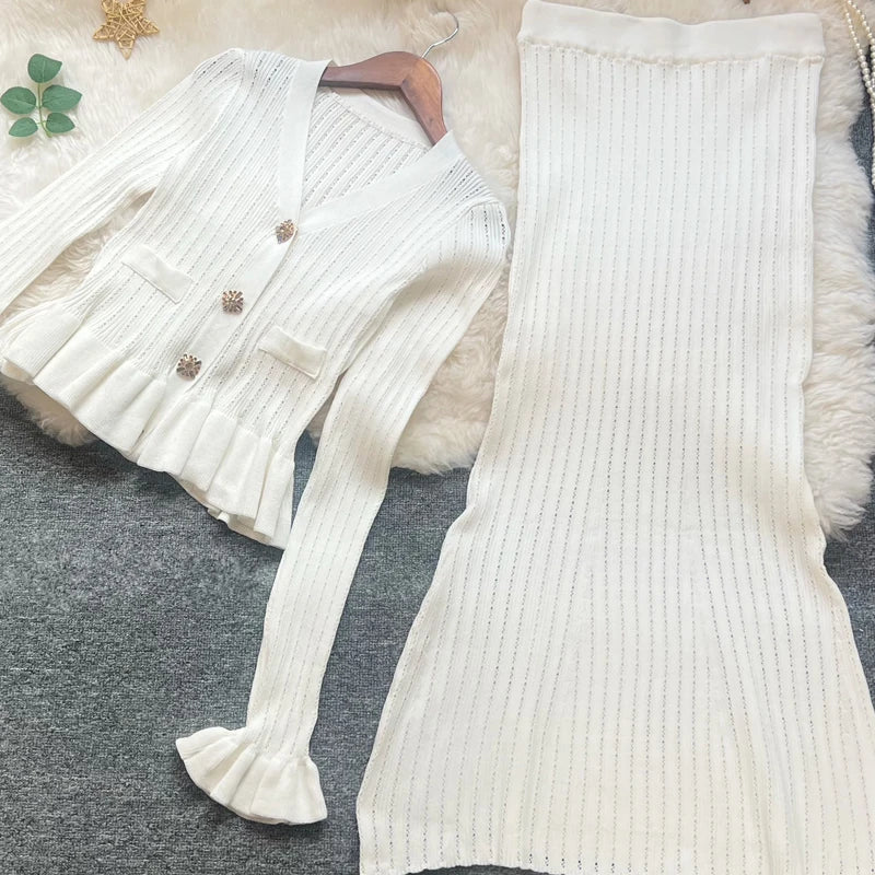 YuooMuoo Knit Maxi Dress V Neck Ruffles Slim Waist