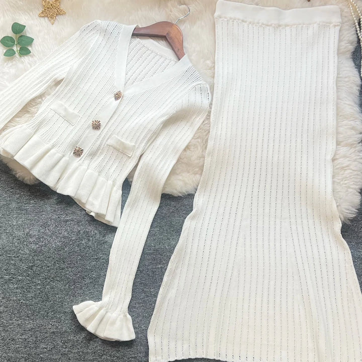 YuooMuoo Knit Maxi Dress V Neck Ruffles Slim Waist