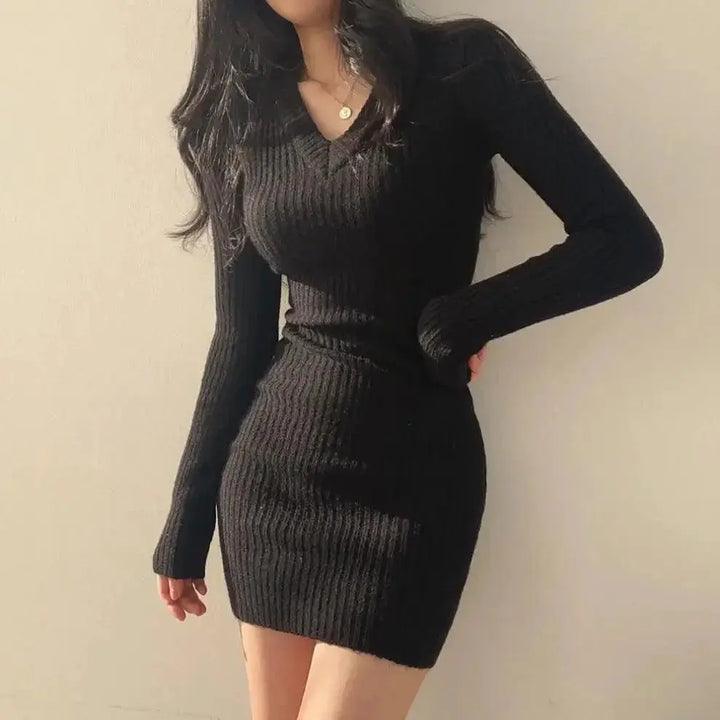 Retro Knit V Neck Bodycon Dress Vintage Fall Winter Sweater