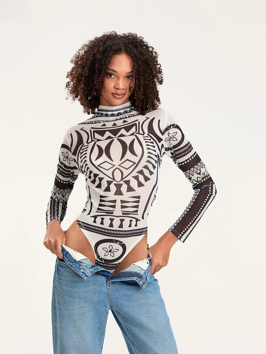 Retro Printed Long Sleeve Mock Neck Bodysuit Top