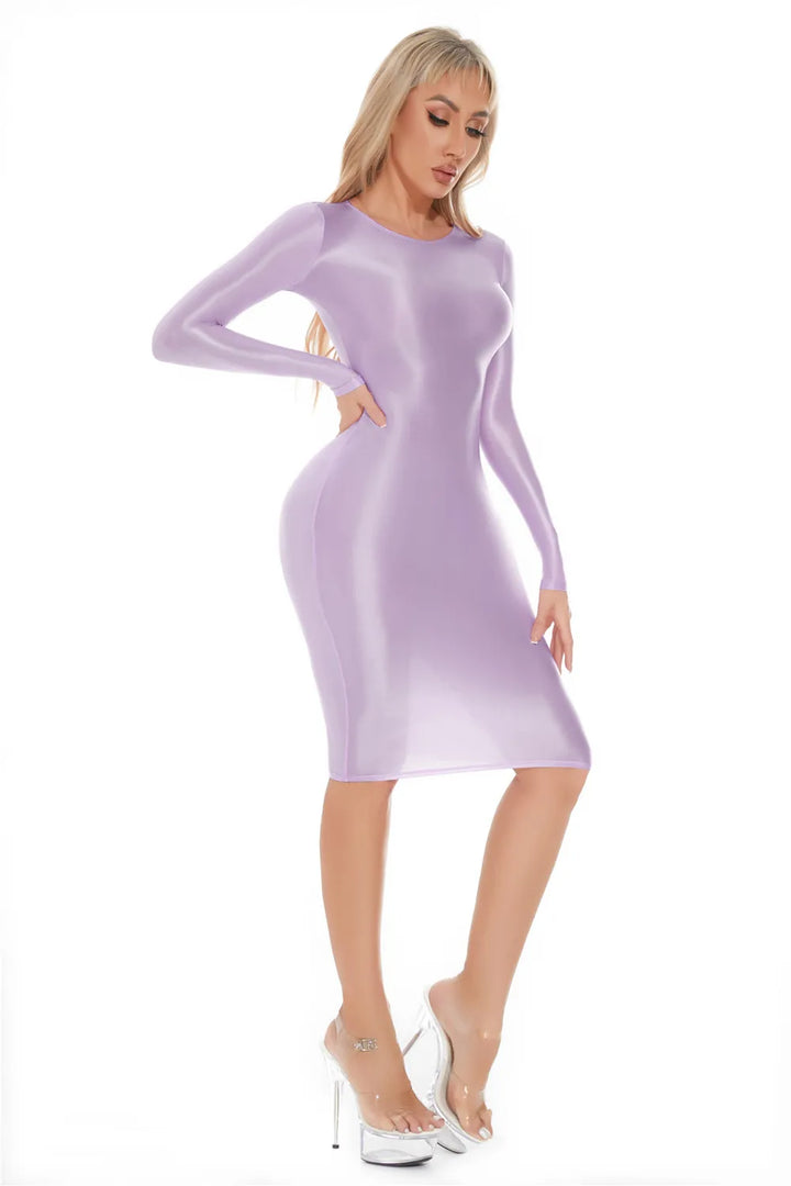 Oil Glossy Bodycon Pencil Dress Sexy Push Up Fit