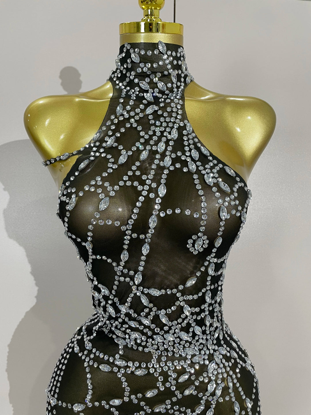Sparkly Diamond Mesh Asymmetric Bodycon Mini Dress