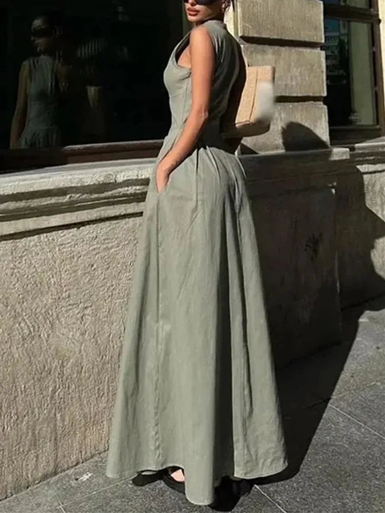 Mujer Zipper Long Pleated Sleeveless Midi Dress