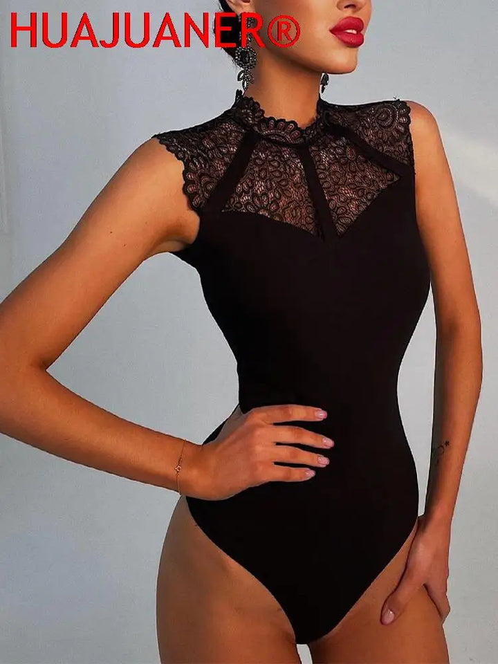 Women Lace Black Wrap Bodysuit Sleeveless Bodycon