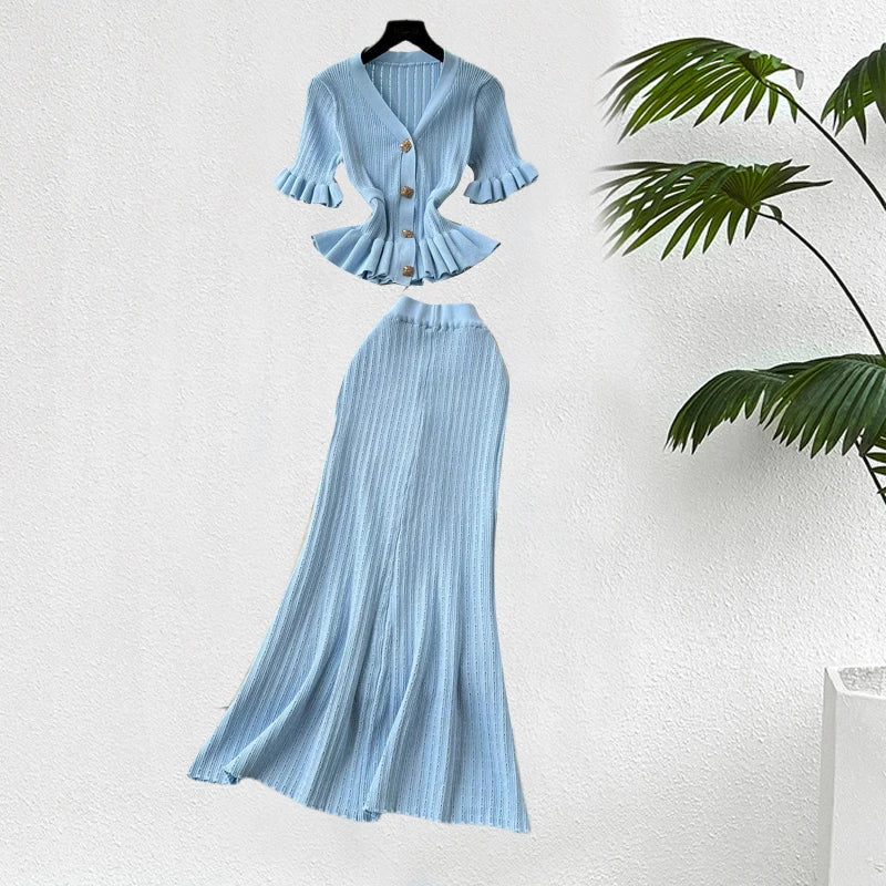 YuooMuoo Knit Maxi Dress V Neck Ruffles Slim Waist