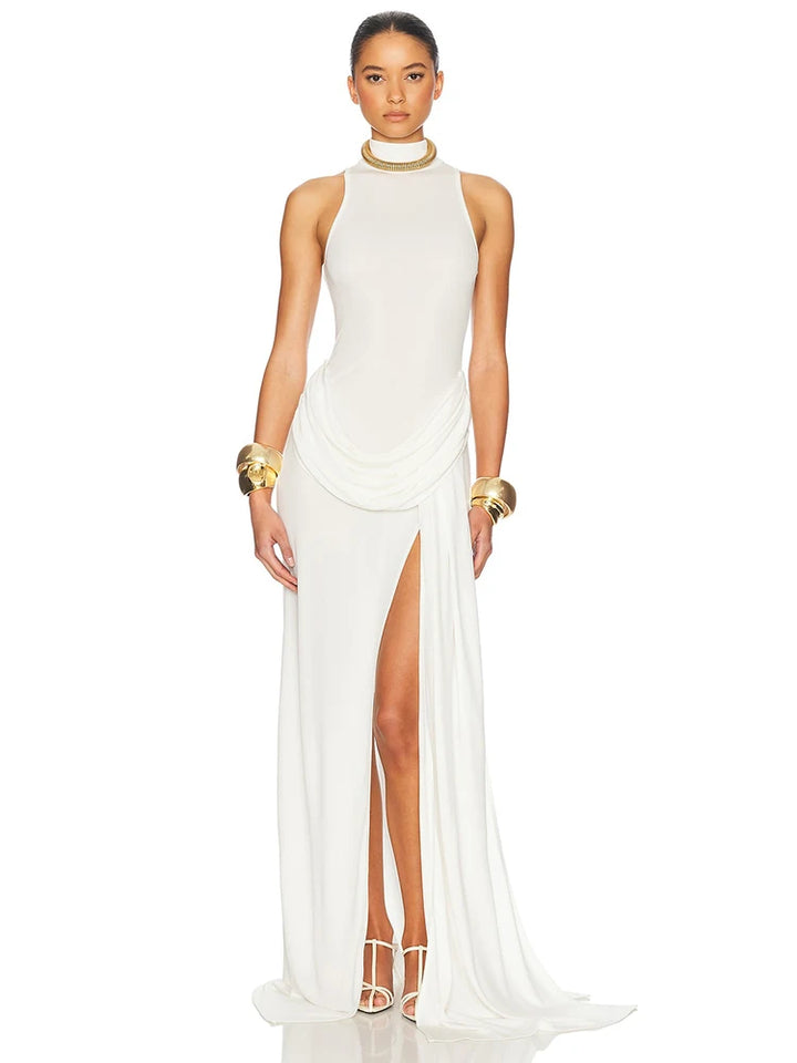 Elegant Turtleneck Off-Shoulder Maxi Dress With Thigh Split