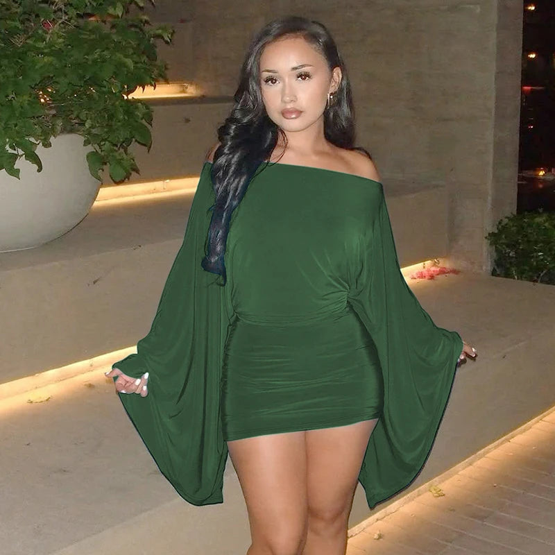 Elegant Ruched Mini Knit Dress With Cloak Sleeves