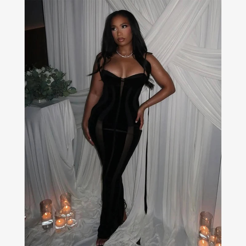 Stunning Black Velvet Sheer Maxi Dress For Club Nights