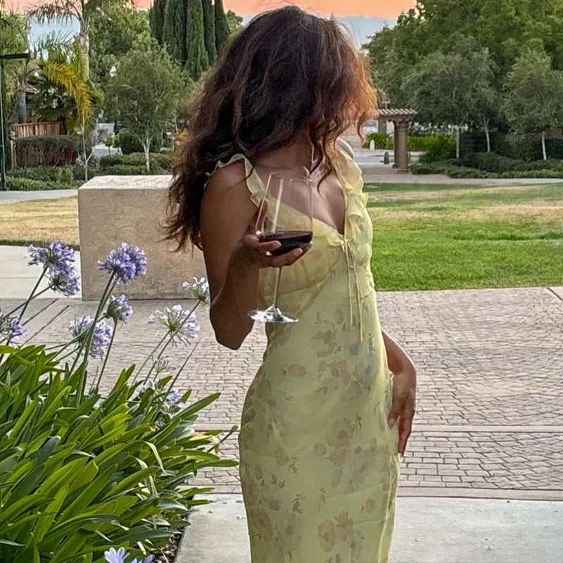 Sunset Yellow Retro V Neck Flower Maxi Dress