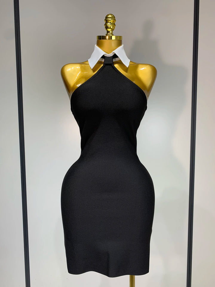 Backless White Shirt Collar Black Bandage Dress