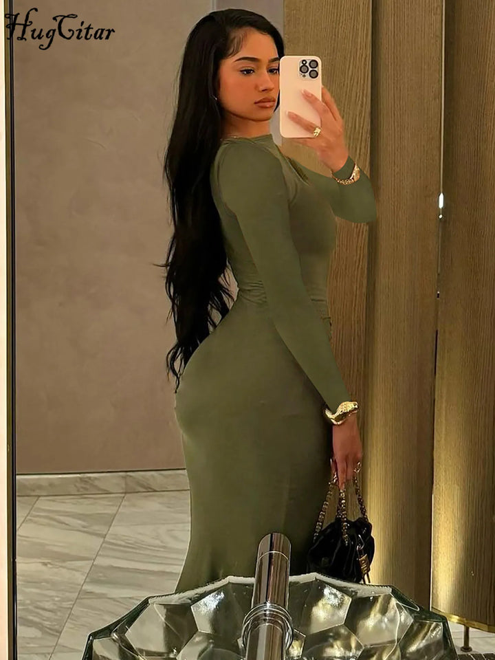 Hugcitar Autumn Solid Y2K Long Sleeve Maxi Dress