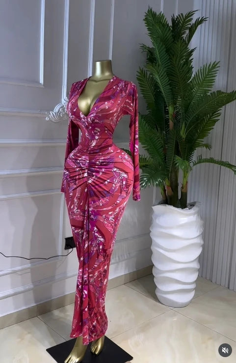 Printed Deep V Neck Ruched Bodycon Midi Dress