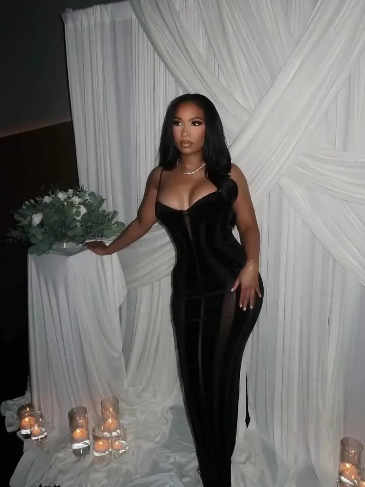 Stunning Black Velvet Sheer Maxi Dress For Club Nights
