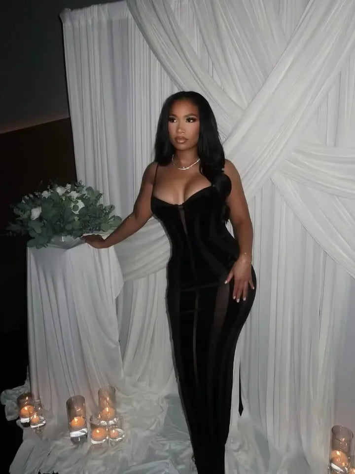 Stunning Black Velvet Sheer Maxi Dress For Club Nights