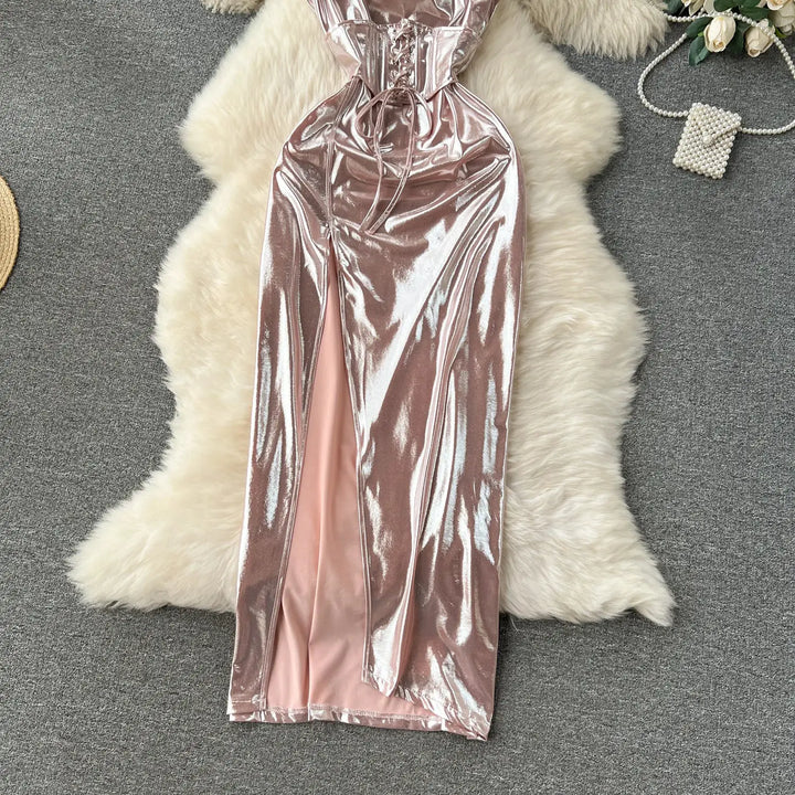 SINGREINY Spaghetti Strap Split Long Dress 2025 Ladies Fake Leather Lace Up Bodycon Sundress Y2K Hotsweet Shiny Slim Party Dress