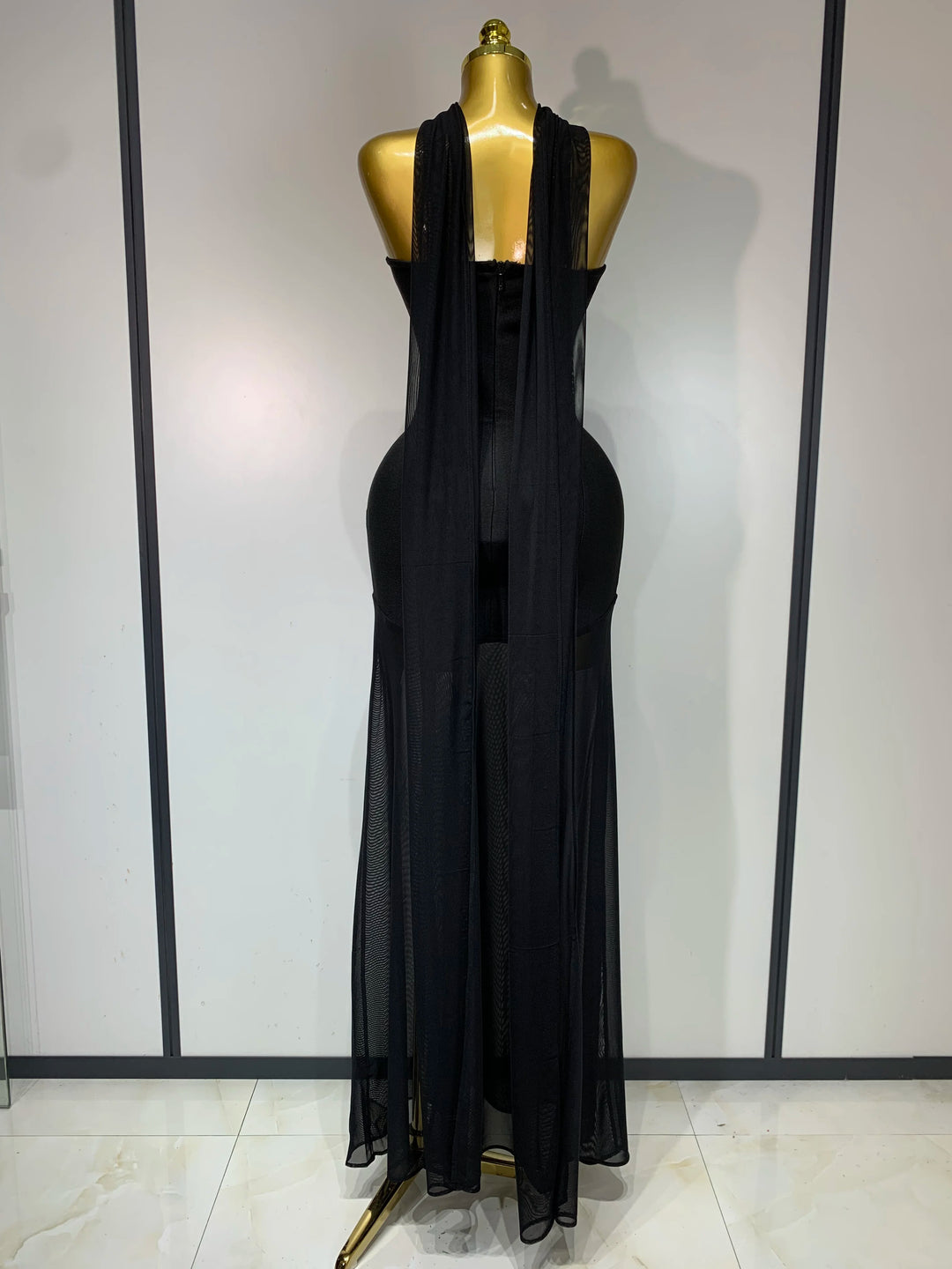 Black Strapless Bandage Dress Mesh Patchwork Gown
