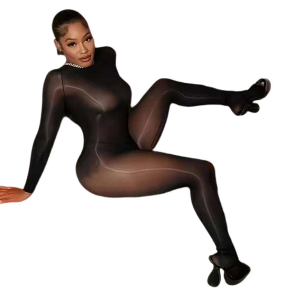 FAGADOER See Through Mesh Bodycon Jumpsuit Women