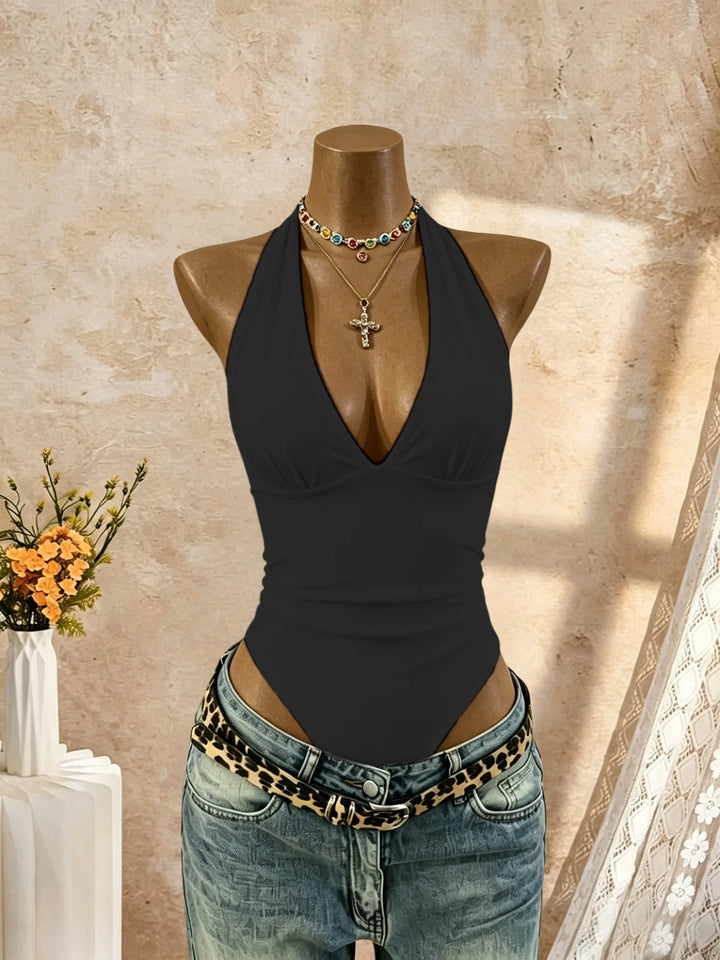Chic Y2K Halter Bodysuit Deep V Neck Slim Fit