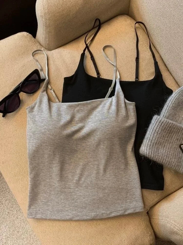 CHUANGERM Sexy Camisole Tank Top Women Simple Sling Strap Vest Slimming Summer Outerwear Inner Wear With Chest Pad For Girls