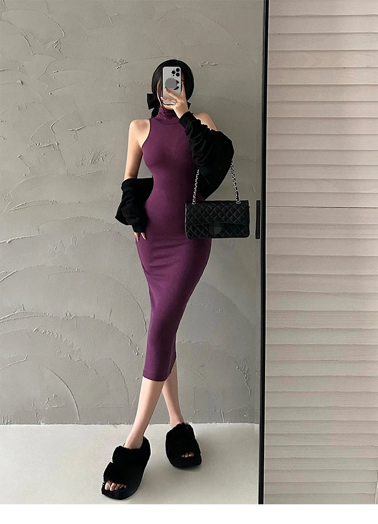 Jeyongzoo Women Exclusive Red Turtleneck Knit Midi