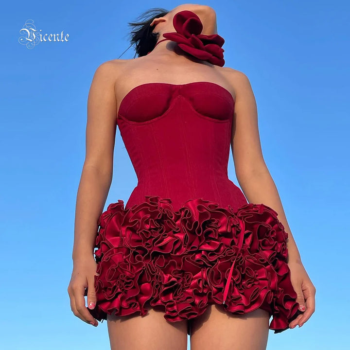 VJ GOCHI Red Strapless Backless Floral Mini Dress