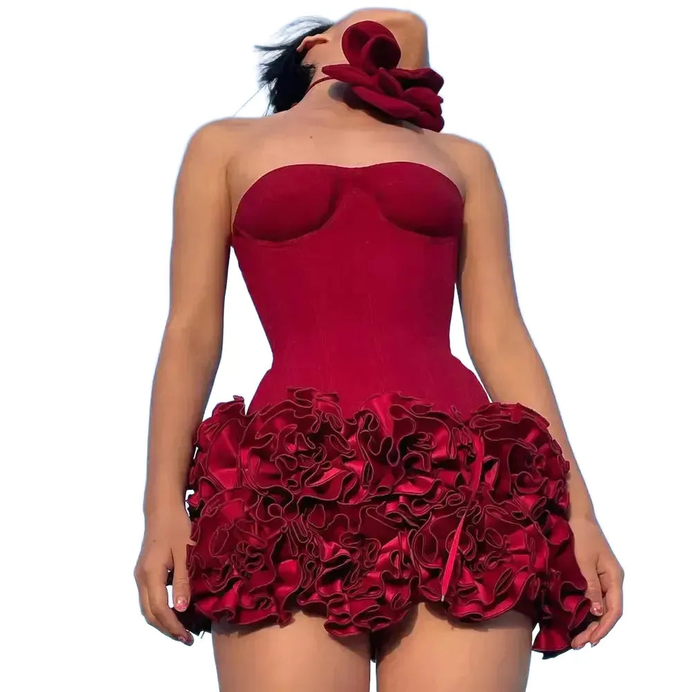 VC Christmas Dress Strapless Backless Red Structured Floral Embellished Mini Length Bodycon Celebrity Party Cocktail Dress