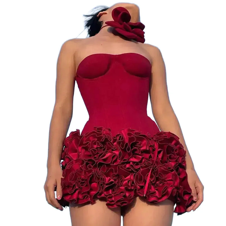 VC Christmas Dress Strapless Backless Red Structured Floral Embellished Mini Length Bodycon Celebrity Party Cocktail Dress