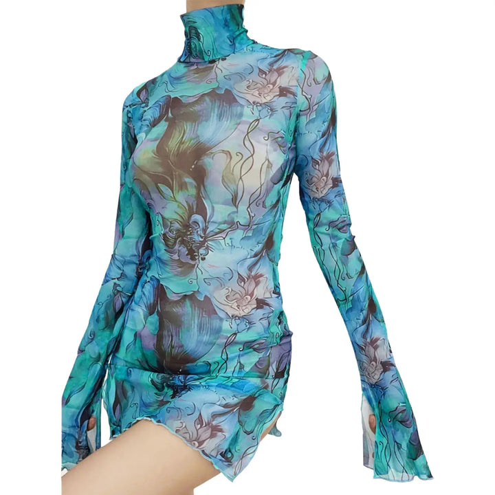 Ladies Mesh Printed Y2k Vintage Dress High Street Slim Elastic Bodycon Party Dress Round Neck Bell Sleeve Side Open Hip Dresses