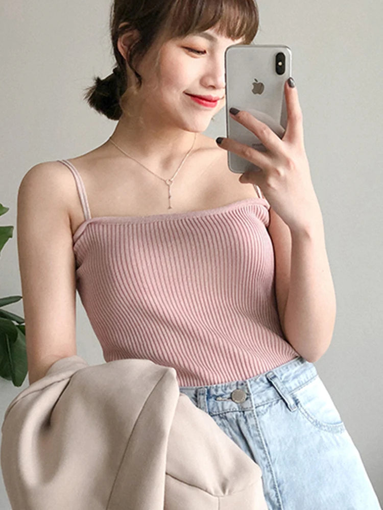 Slim Stretch Cotton Knitted Halter Crop Vest