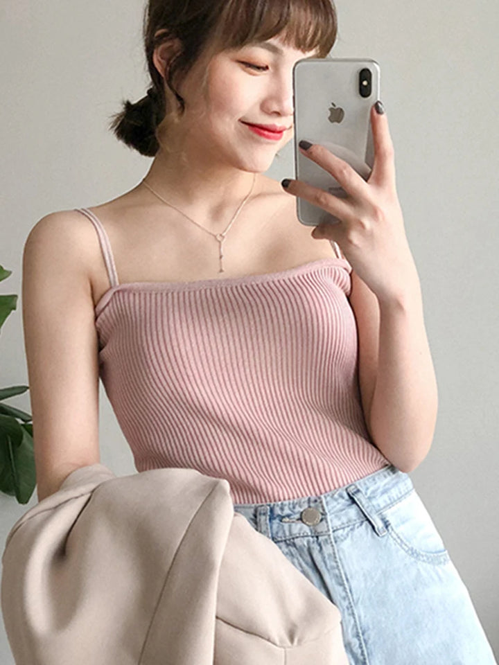 Slim Stretch Cotton Knitted Halter Crop Vest