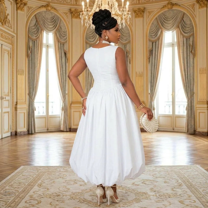 Elegant Sleeveless Round Midi Dress For Wedding Guests