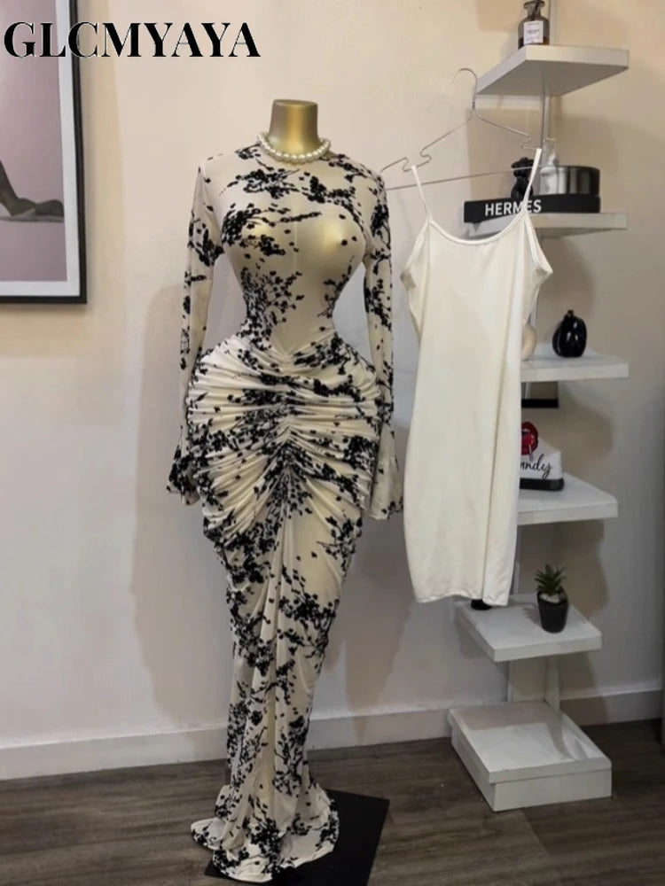 CM.YAYA Fall Long Sleeve See Through Lined Dress