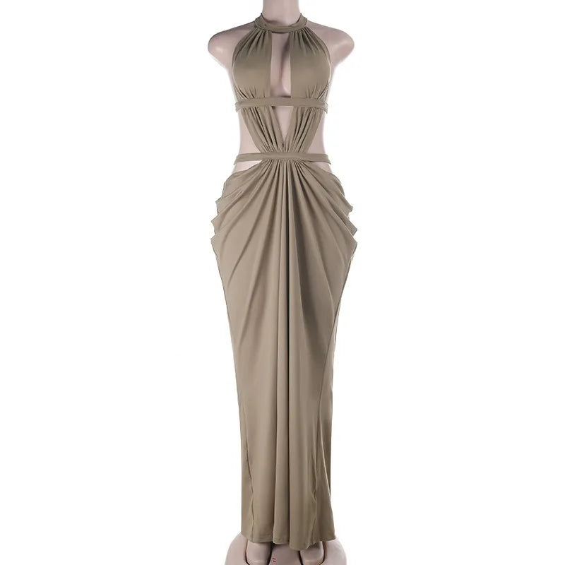 Sparkling Hollow Out Halter Dress High Waist Backless Long